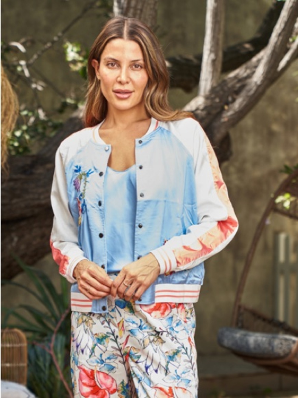 Reversible Light Blue Floral Satin Bomber Jacket - Women's